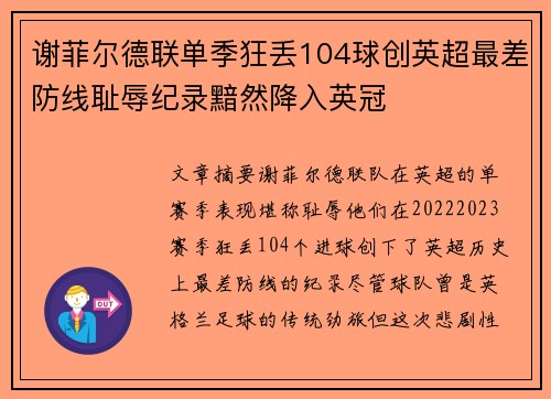 谢菲尔德联单季狂丢104球创英超最差防线耻辱纪录黯然降入英冠