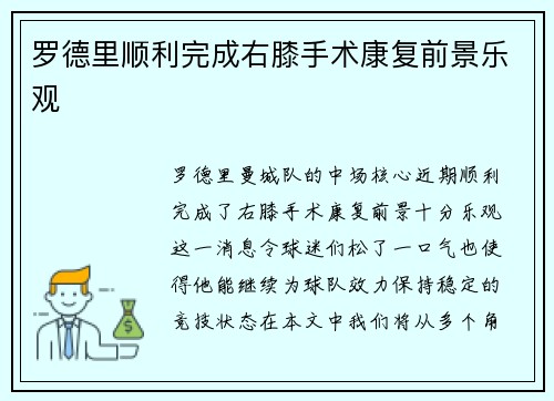 罗德里顺利完成右膝手术康复前景乐观